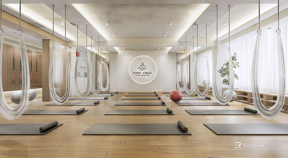 Spacious Yoga Studio Fitness Area With Aerial Hammocks Yoga Mats And Red Exercise Ball 3d model 