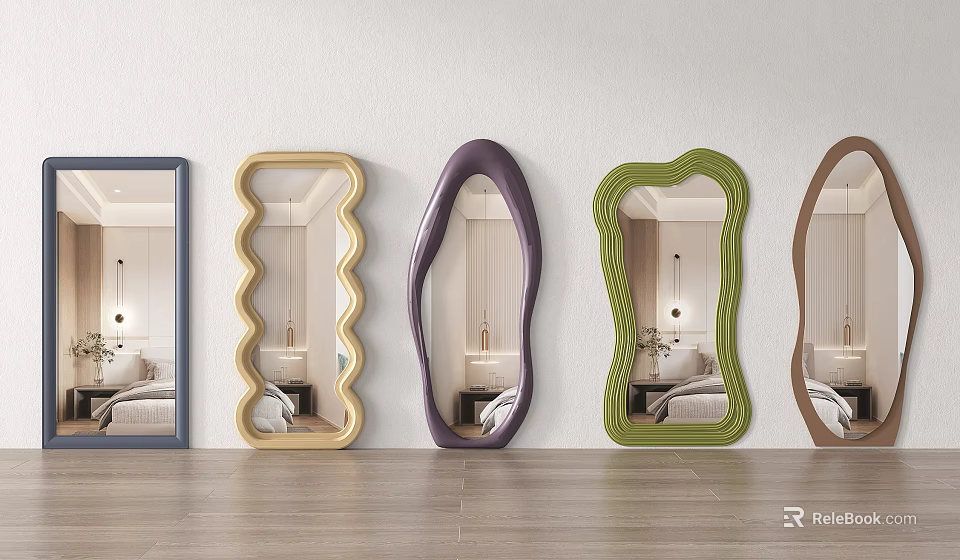 Colorful Decorative Wall Mirrors with Unique Shapes Hanging On White Wall Reflecting Bedroom Interior 3d model 