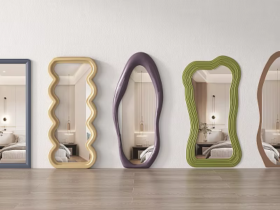 Colorful Decorative Wall Mirrors with Unique Shapes Hanging On White Wall Reflecting Bedroom Interior 3d model