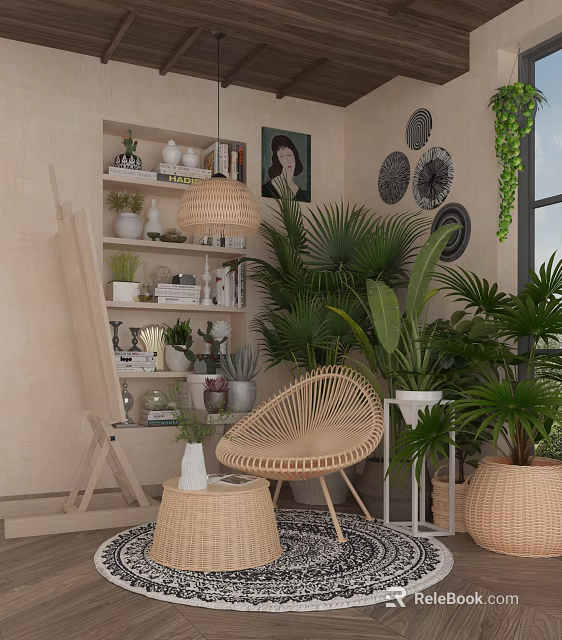 Cozy Leisure Room Interior With Wicker Chair Plants And Bookshelf 3d model 