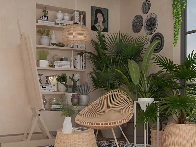 Cozy Leisure Room Interior With Wicker Chair Plants And Bookshelf 3d model