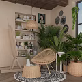 Cozy Leisure Room Interior With Wicker Chair Plants And Bookshelf