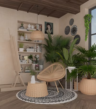 Cozy Leisure Room Interior With Wicker Chair Plants And Bookshelf 3d model