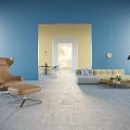 Modern Sofa and Coffee Table Set with Blue Walls Yellow Accent and Natural Light