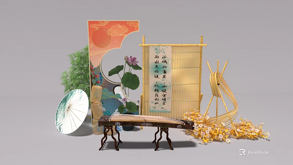 Traditional Chinese Style Photo Check-in Spot With Lotus Screen Calligraphy And Bamboo Decorations 3d model 