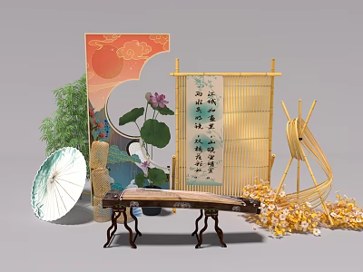 Traditional Chinese Style Photo Check-in Spot With Lotus Screen Calligraphy And Bamboo Decorations 3d model