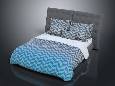 Modern Double Bed With Grey Upholstered Headboard And Blue White Geometric Pattern Comforter 3d model