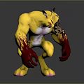 Muscular Yellow Mythical Creature Character With Red Claws Tiger Stripes And Horns