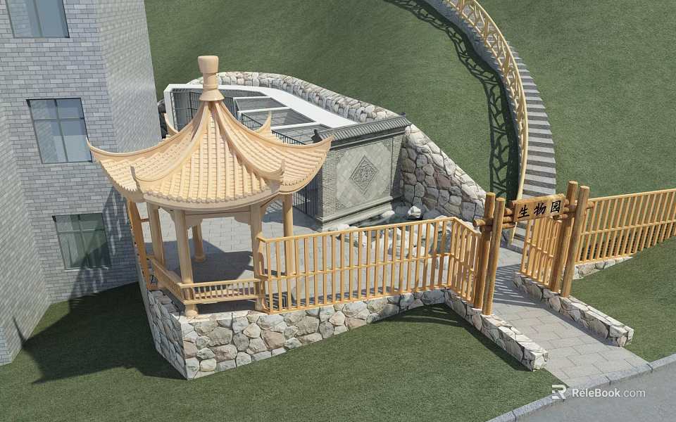 Traditional Chinese Garden Area With Wooden Pavilion Stone Wall Fence And Stairs 3d model 