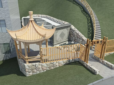 Traditional Chinese Garden Area With Wooden Pavilion Stone Wall Fence And Stairs 3d model