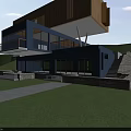 Modern Single Family House Exterior Featuring Cantilevered Wooden Structure Large Glass Windows And Stone Steps