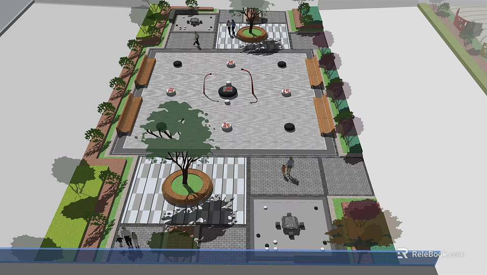 Public Square Design Featuring Circular Tree Planters Patterned Paving Benches And Ornaments 3d model