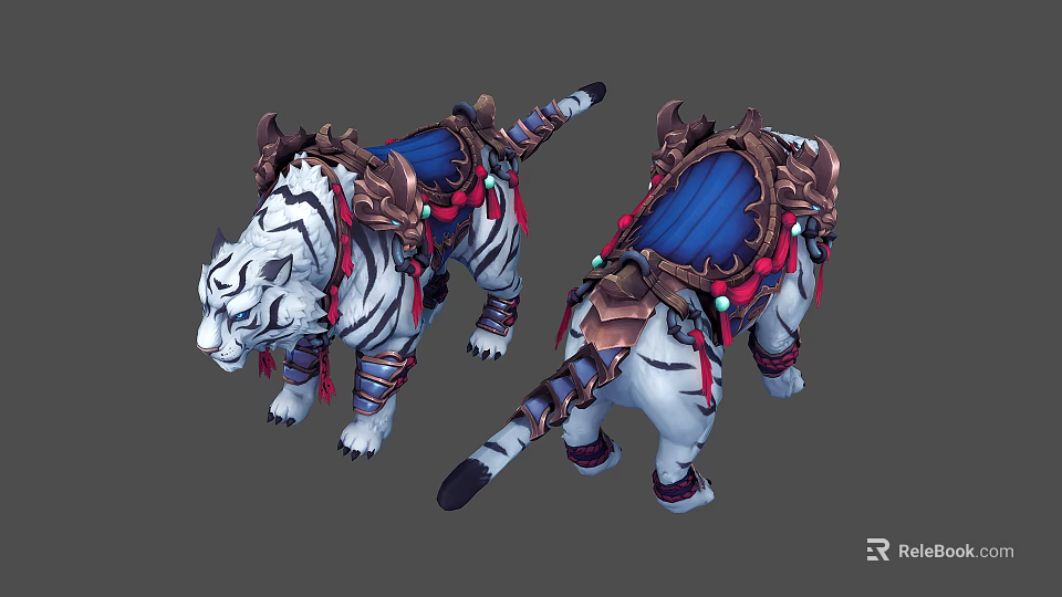 Ornate Reptile Mount With Blue Saddle Metal Armor And Red Tassel Decorations 3d model 