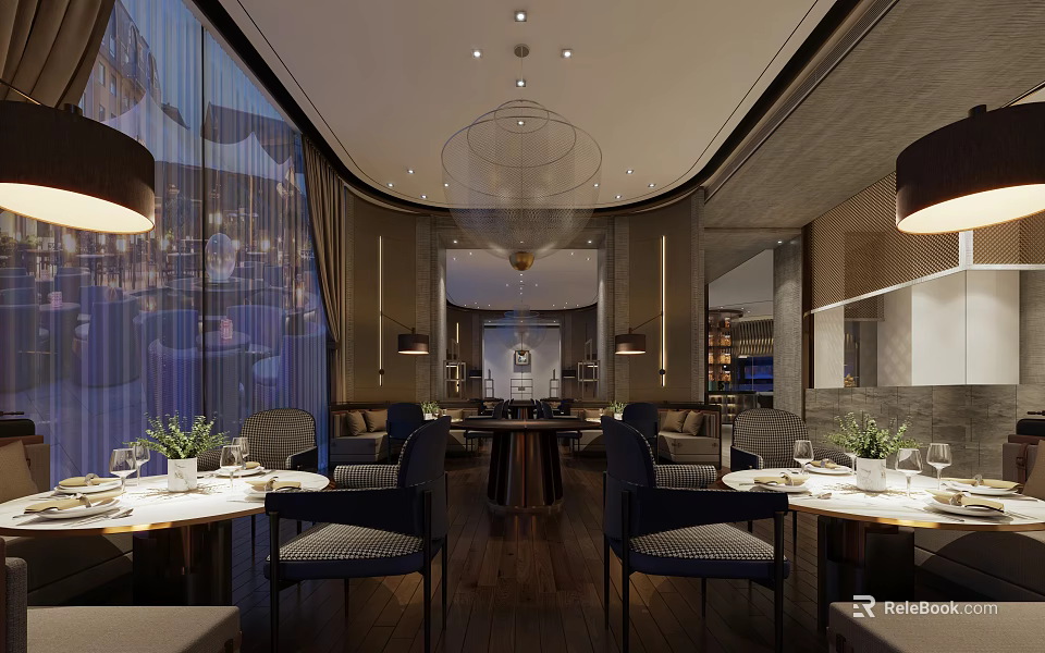 Modern Restaurant Interior Design With Dining Tables Chairs Pendant Lights And Window Decor 3d model 