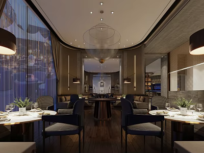 Modern Restaurant Interior Design With Dining Tables Chairs Pendant Lights And Window Decor 3d model