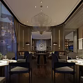 Modern Restaurant Interior Design With Dining Tables Chairs Pendant Lights And Window Decor