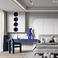 Modern Kids Room Interior With Gray Bed Blue Desk Stuffed Toys Round Decor And Rug