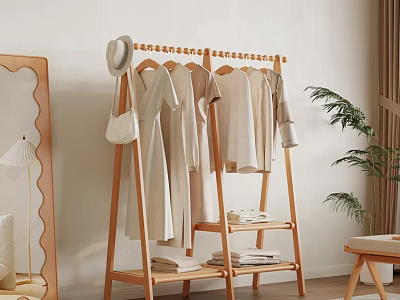 Wooden Clothes Rack Holds Clothes Hats Bags In Cozy Room 3d model
