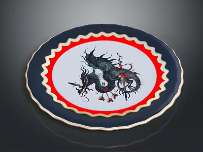 Decorative Plate With Blue Wavy Rim Red Border White Background And Black Dragon Design 3d model