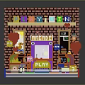 Playful Arcade Machine Setup With Brick Wall PLAYWIN Sign Prize Display Colorful Blocks And Heart Decorations