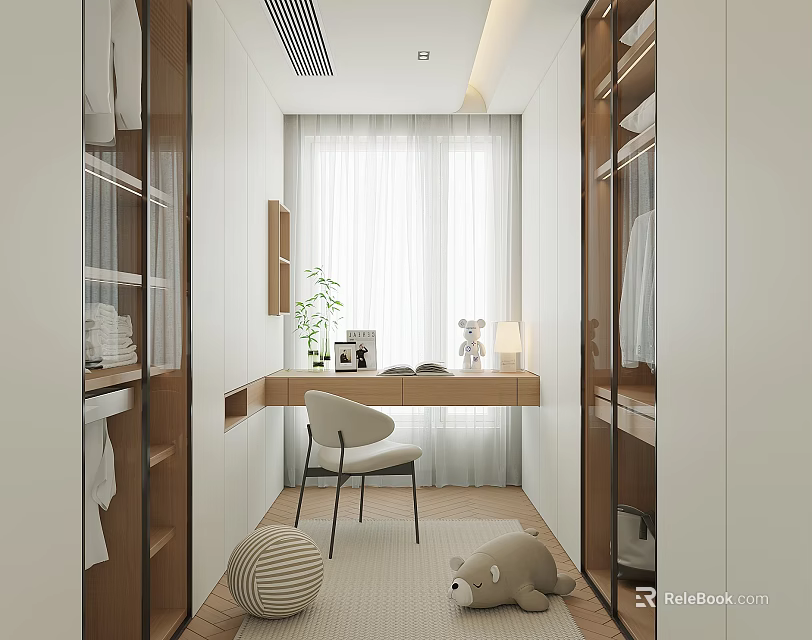 Modern Walk in Closet With White Wooden Wardrobes Central Desk Chair And Natural Light 3d model 
