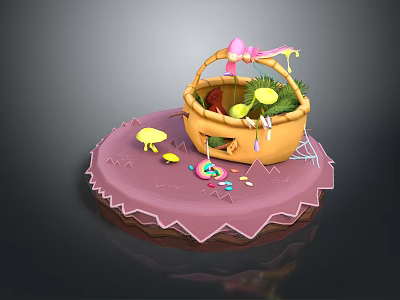 Yellow Basket With Pink Bow Filled With Fresh Fruits And Vegetables On Pink Mat 3d model