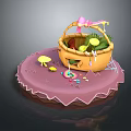 Yellow Basket With Pink Bow Filled With Fresh Fruits And Vegetables On Pink Mat