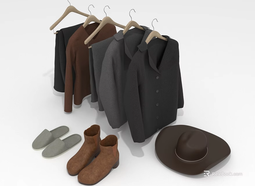 Stylish Clothing Collection With Hanging Coats Jackets Shoes And Brown Hat 3d model 