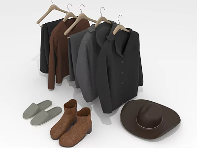 Stylish Clothing Collection With Hanging Coats Jackets Shoes And Brown Hat 3d model