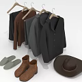 Stylish Clothing Collection With Hanging Coats Jackets Shoes And Brown Hat