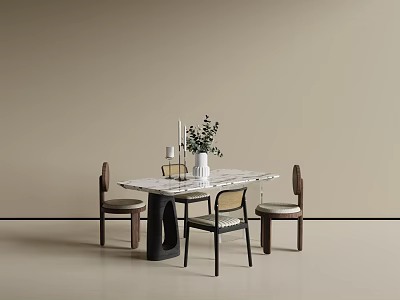 Minimalist Table And Chairs Set With Marble Top Vase Plants And Candles 3d model