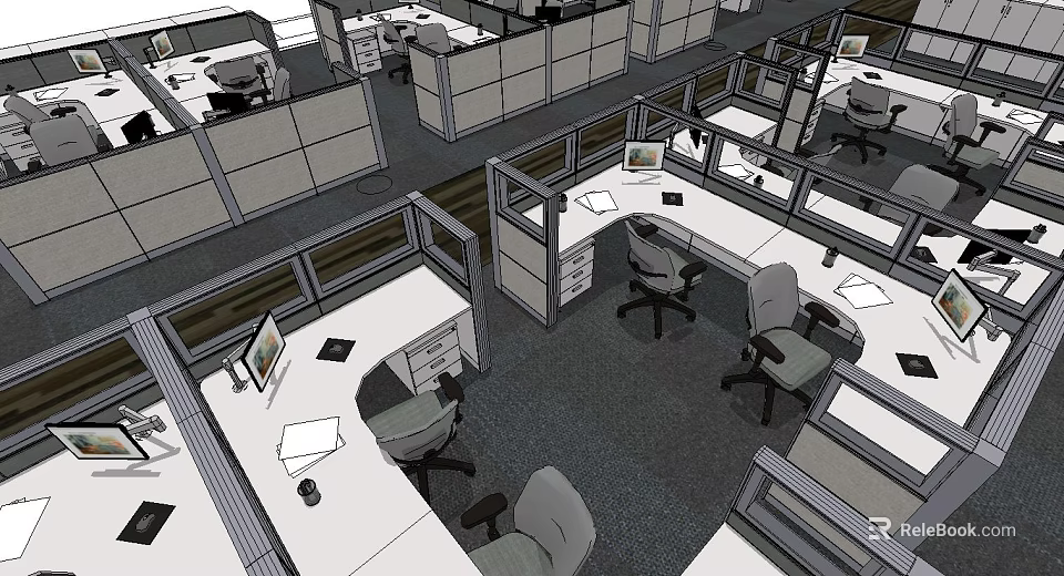 Modern Office Desks in Cubicle Workspace With Computers Chairs and Documents 3d model