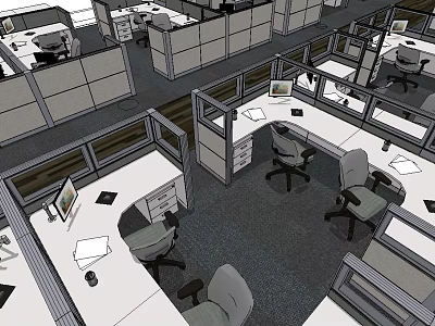 Modern Office Desks in Cubicle Workspace With Computers Chairs and Documents 3d model