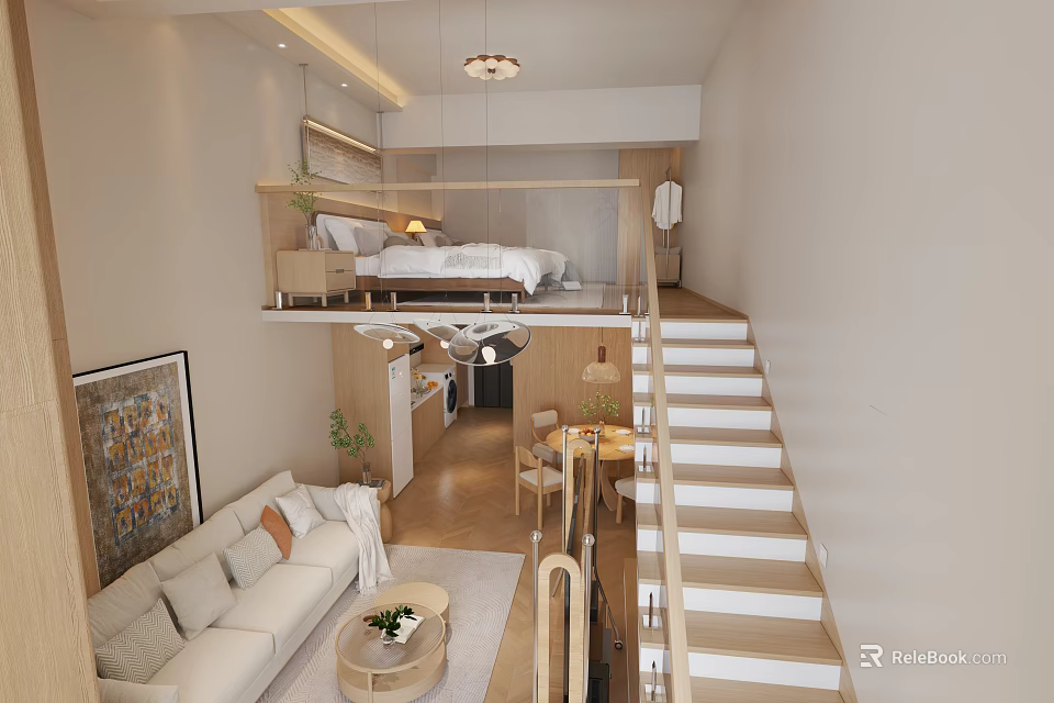 Modern Loft Apartment Interior With Upper Floor Bedroom Living Room Sofa And Staircase 3d model 