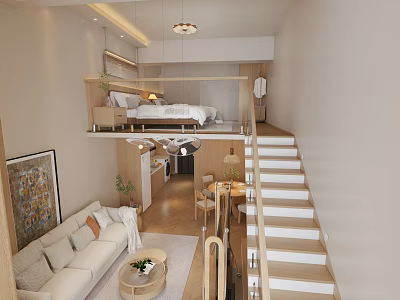 Modern Loft Apartment Interior With Upper Floor Bedroom Living Room Sofa And Staircase 3d model