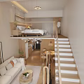 Modern Loft Apartment Interior With Upper Floor Bedroom Living Room Sofa And Staircase
