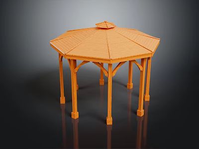 Octagonal Wooden Gazebo Structure With Spire Roof And Supportive Pillars 3d model