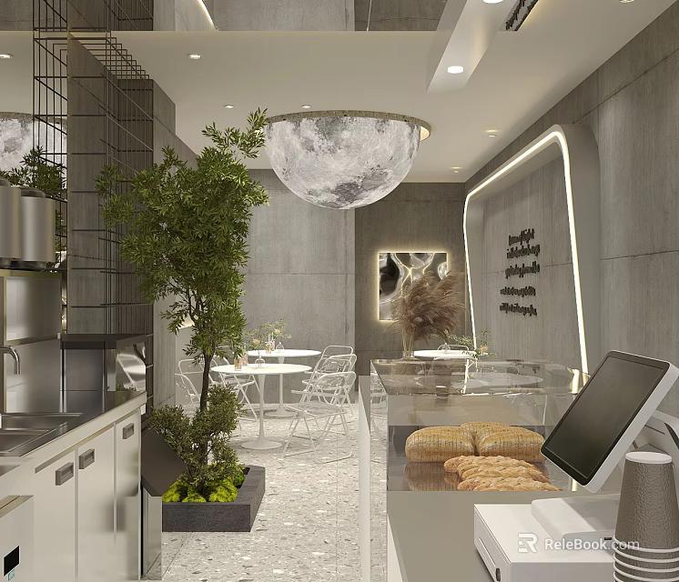 Modern Bubble Tea Shop Interior Design With Green Plant Tables Chairs And Pastry 3d model 