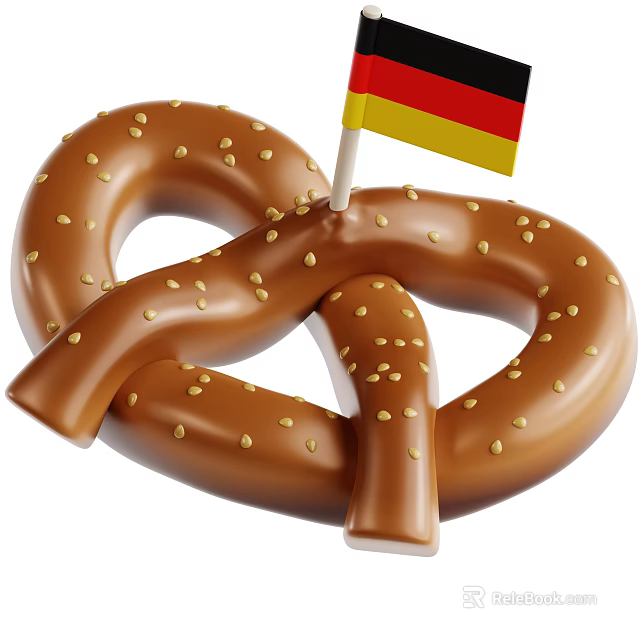 Traditional German Salted Pretzel With Small Flag Decoration And Sesame Seeds 3d model 
