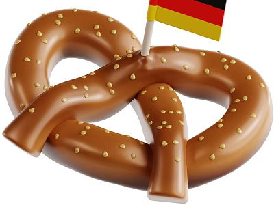 Traditional German Salted Pretzel With Small Flag Decoration And Sesame Seeds 3d model