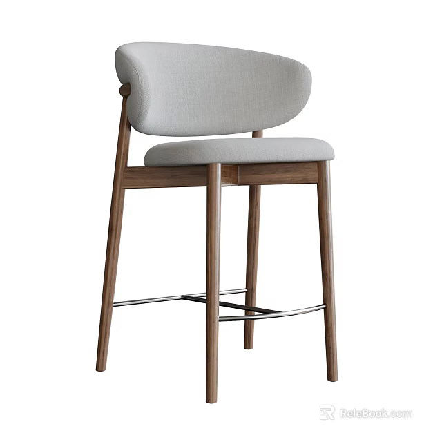 Modern Upholstered Bar Stool with Curved Backrest Wooden Legs and Metal Footrest 3d model 