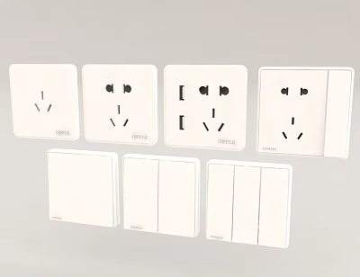 Modern White Electrical Switch Panels Featuring Various Socket And Switch Designs 3d model