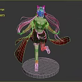 Game Anime Character With Pink Red Long Hair Cat Ears Black Outfit Red Skirt
