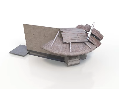 Modern Architectural Structure With Wooden Sloped Panels Concrete Wall And Support Frame 3d model
