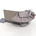 Modern Architectural Structure With Wooden Sloped Panels Concrete Wall And Support Frame
