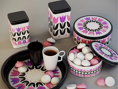 Colorful Mints and Candies in Floral Patterned Canisters and Tray with Coffee Cup 3d model
