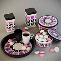 Colorful Mints and Candies in Floral Patterned Canisters and Tray with Coffee Cup