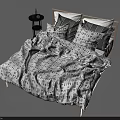 Double Bed with Wooden Frame Gray White Patterned Bedspread Striped Pillows and Nightstand 3d model