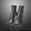 Two Sleek Silver Metallic Foot Models With Smooth Texture And Dark Background Reflections