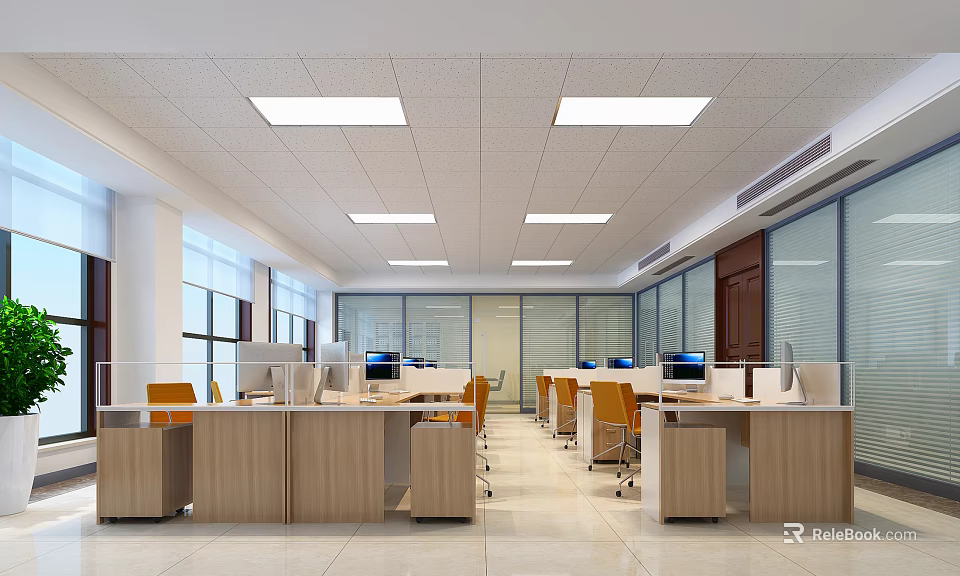 Modern Public Office Space With Desks Orange Chairs Computers Large Windows And Ceiling Lights 3d model 